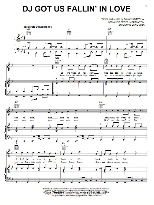 Usher featuring Pitbull DJ Got Us Fallin' In Love sheet music notes and chords arranged for Piano, Vocal & Guitar Chords