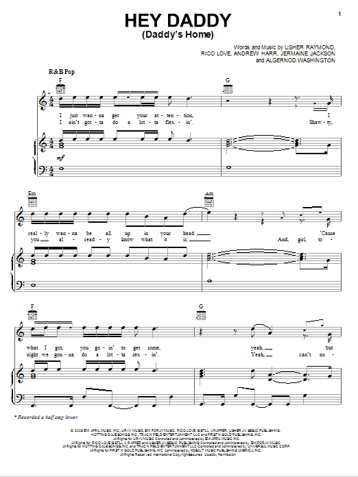 Usher featuring Plies Hey Daddy (Daddy's Home) sheet music notes and chords arranged for Piano, Vocal & Guitar Chords (Right-Hand Melody)