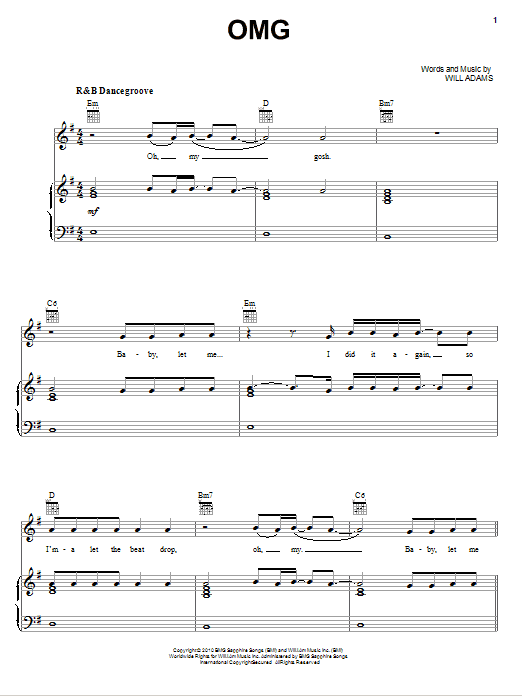 Usher featuring will.i.am OMG sheet music notes and chords arranged for Piano, Vocal & Guitar Chords