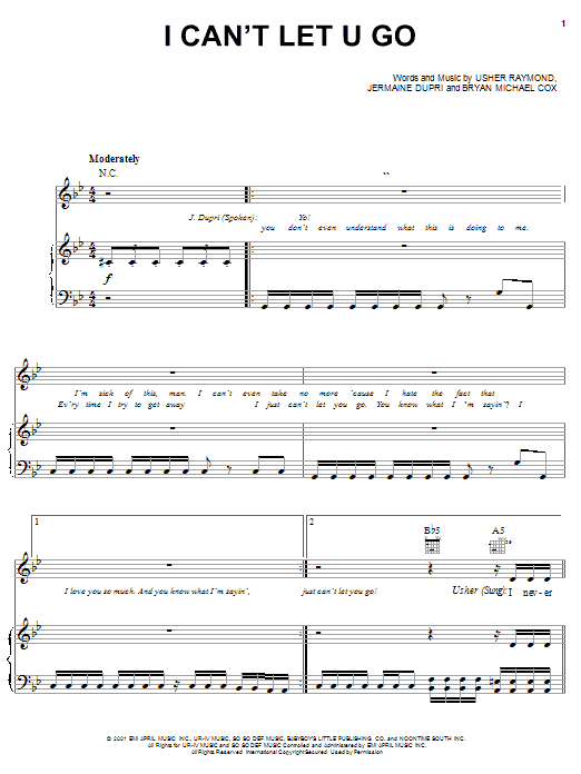 Usher I Can't Let U Go sheet music notes and chords arranged for Piano, Vocal & Guitar Chords (Right-Hand Melody)