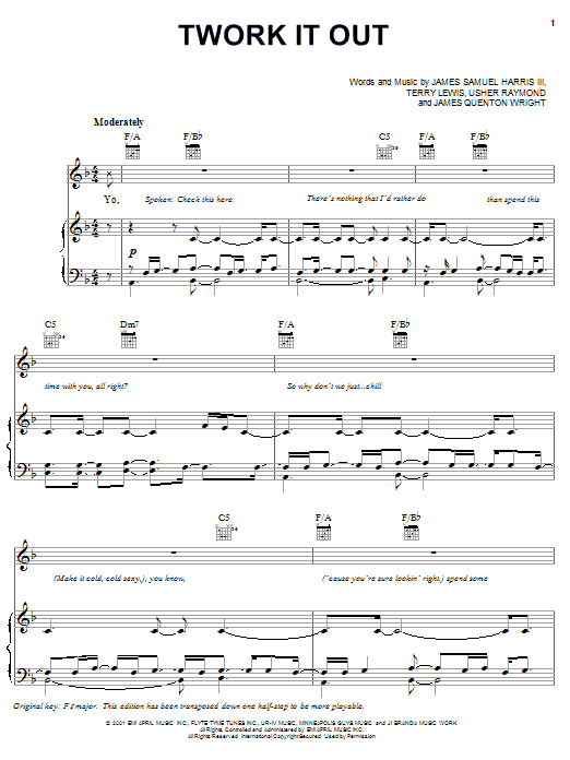 Usher Twork It Out sheet music notes and chords arranged for Piano, Vocal & Guitar Chords (Right-Hand Melody)