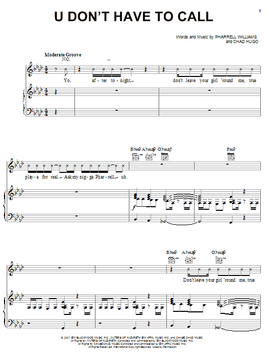 Usher U Don't Have To Call sheet music notes and chords arranged for Piano, Vocal & Guitar Chords (Right-Hand Melody)