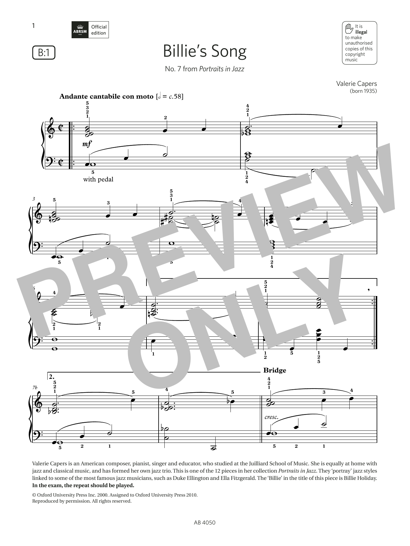 Valerie Capers Billie's Song (Grade 4, list B1, from the ABRSM Piano Syllabus 2023 & 2024) sheet music notes and chords arranged for Piano Solo