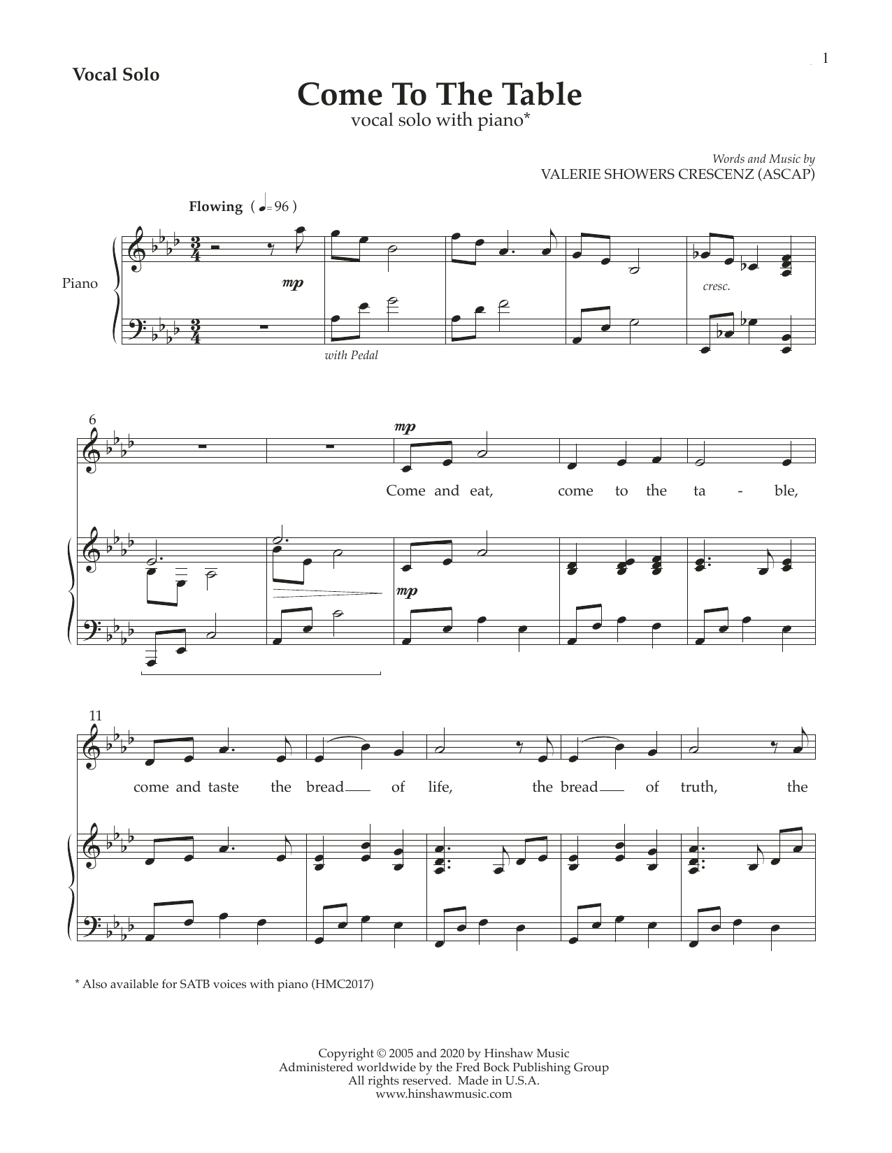 Valerie Showers Crescenz Come to the Table sheet music notes and chords arranged for Piano & Vocal