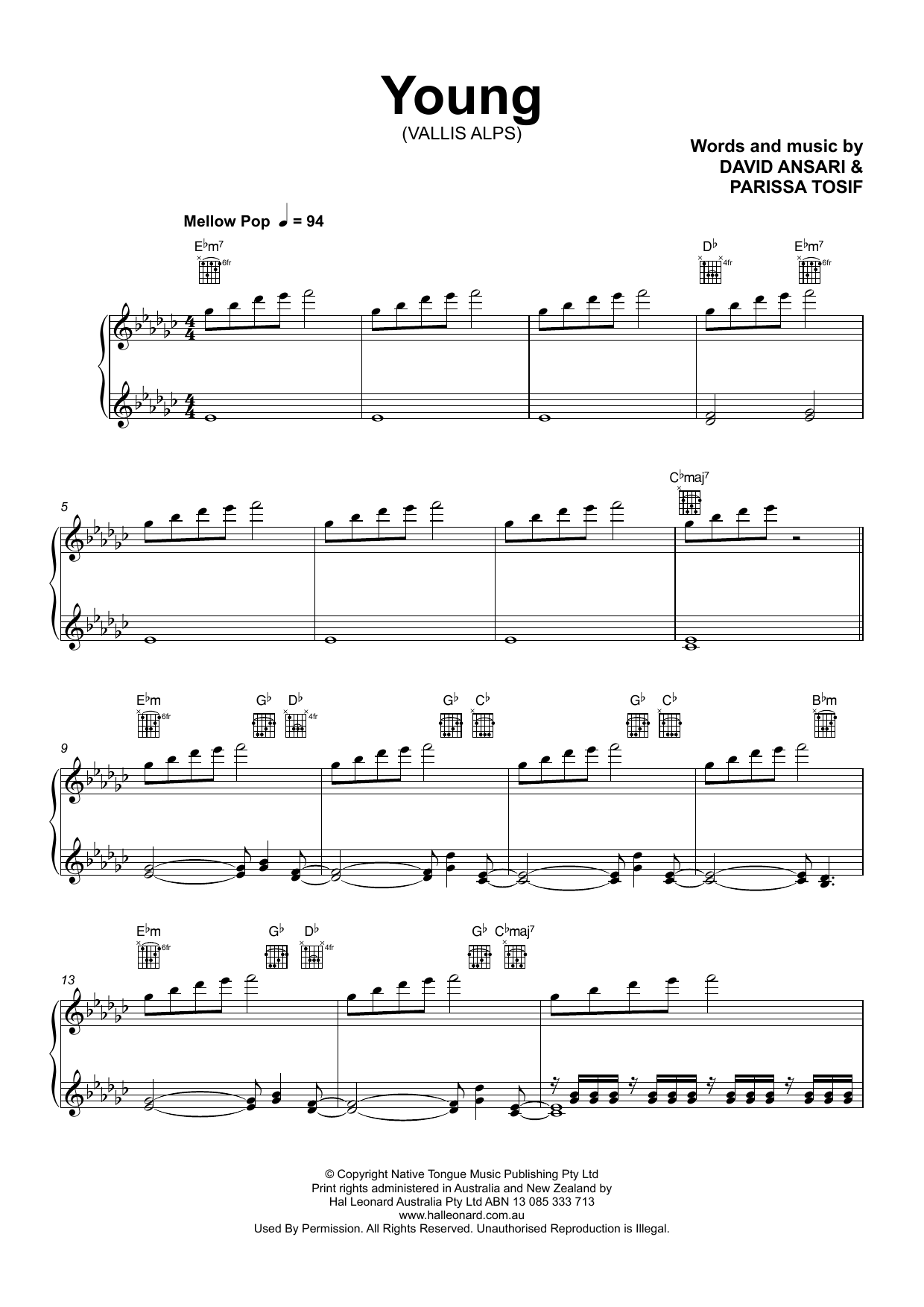 Vallis Alps Young sheet music notes and chords arranged for Piano, Vocal & Guitar Chords (Right-Hand Melody)