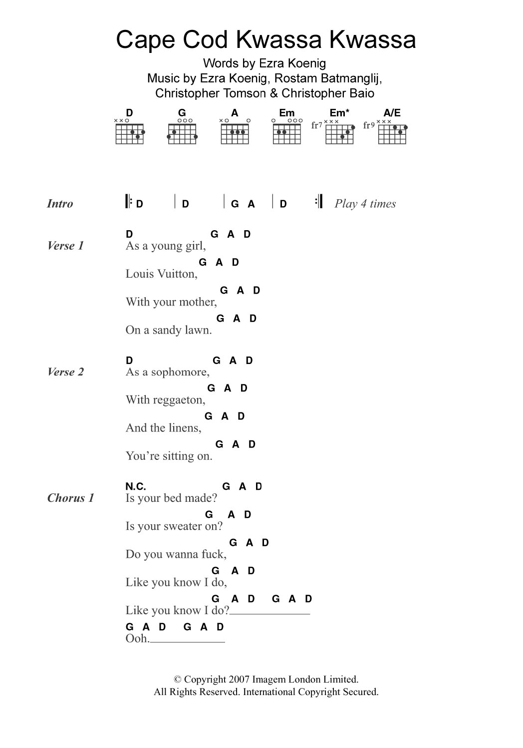 Vampire Weekend Cape Cod Kwassa Kwassa sheet music notes and chords arranged for Guitar Chords/Lyrics