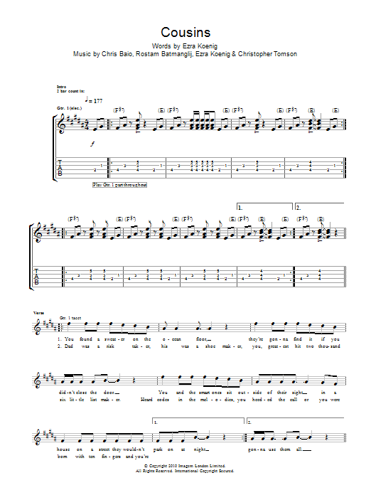 Vampire Weekend Cousins sheet music notes and chords arranged for Guitar Chords/Lyrics