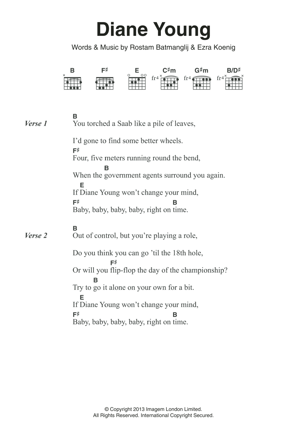 Vampire Weekend Diane Young sheet music notes and chords arranged for Guitar Chords/Lyrics