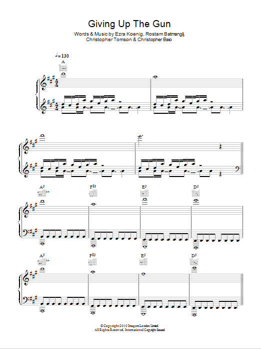 Vampire Weekend Giving Up The Gun sheet music notes and chords arranged for Piano, Vocal & Guitar Chords