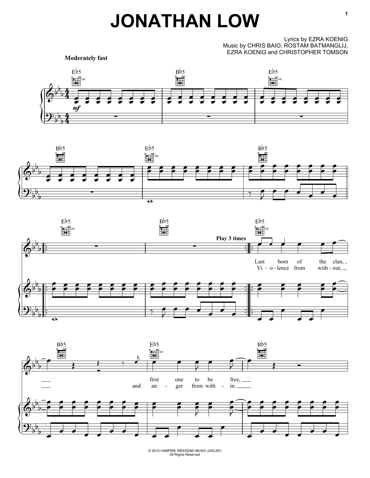 Vampire Weekend Jonathan Low (from The Twilight Saga: Eclipse) sheet music notes and chords arranged for Piano, Vocal & Guitar Chords (Right-Hand Melody)