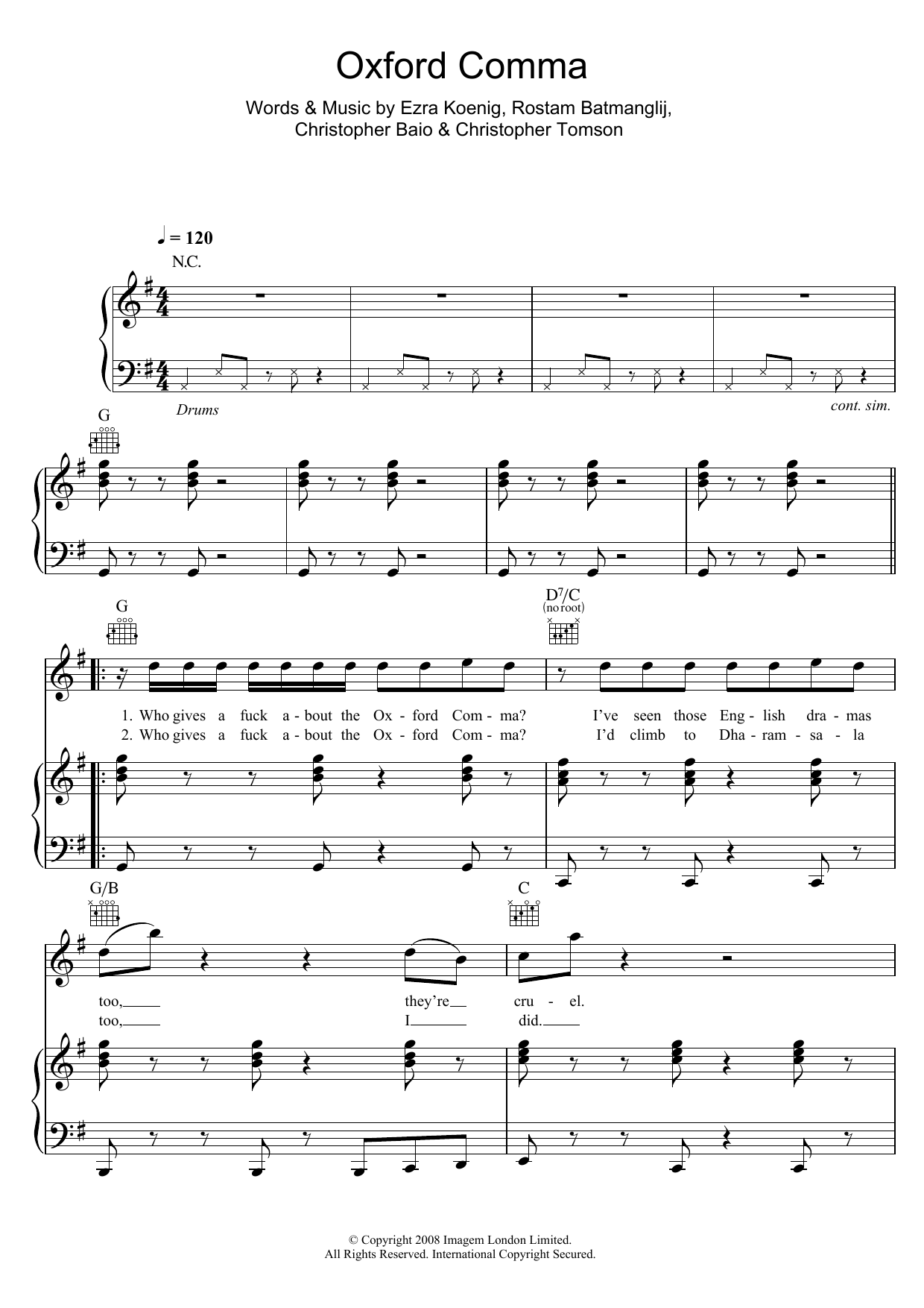 Vampire Weekend Oxford Comma sheet music notes and chords arranged for Piano, Vocal & Guitar Chords
