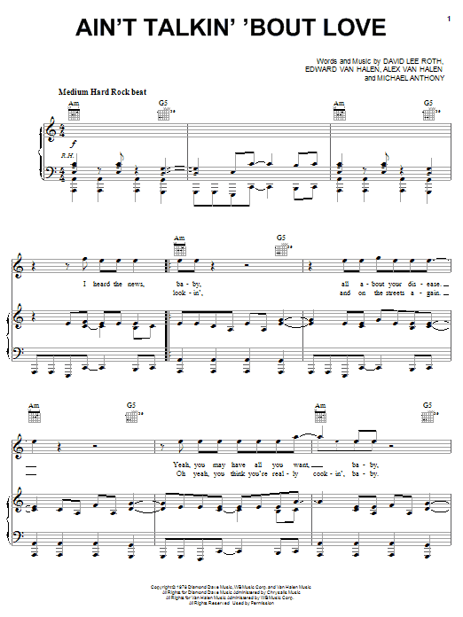 Van Halen Ain't Talkin' 'Bout Love sheet music notes and chords arranged for Drums