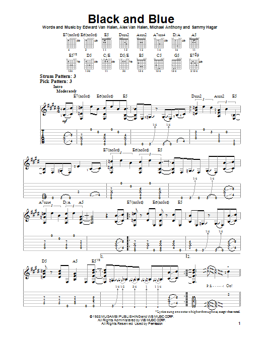 Van Halen Black And Blue sheet music notes and chords arranged for Easy Guitar