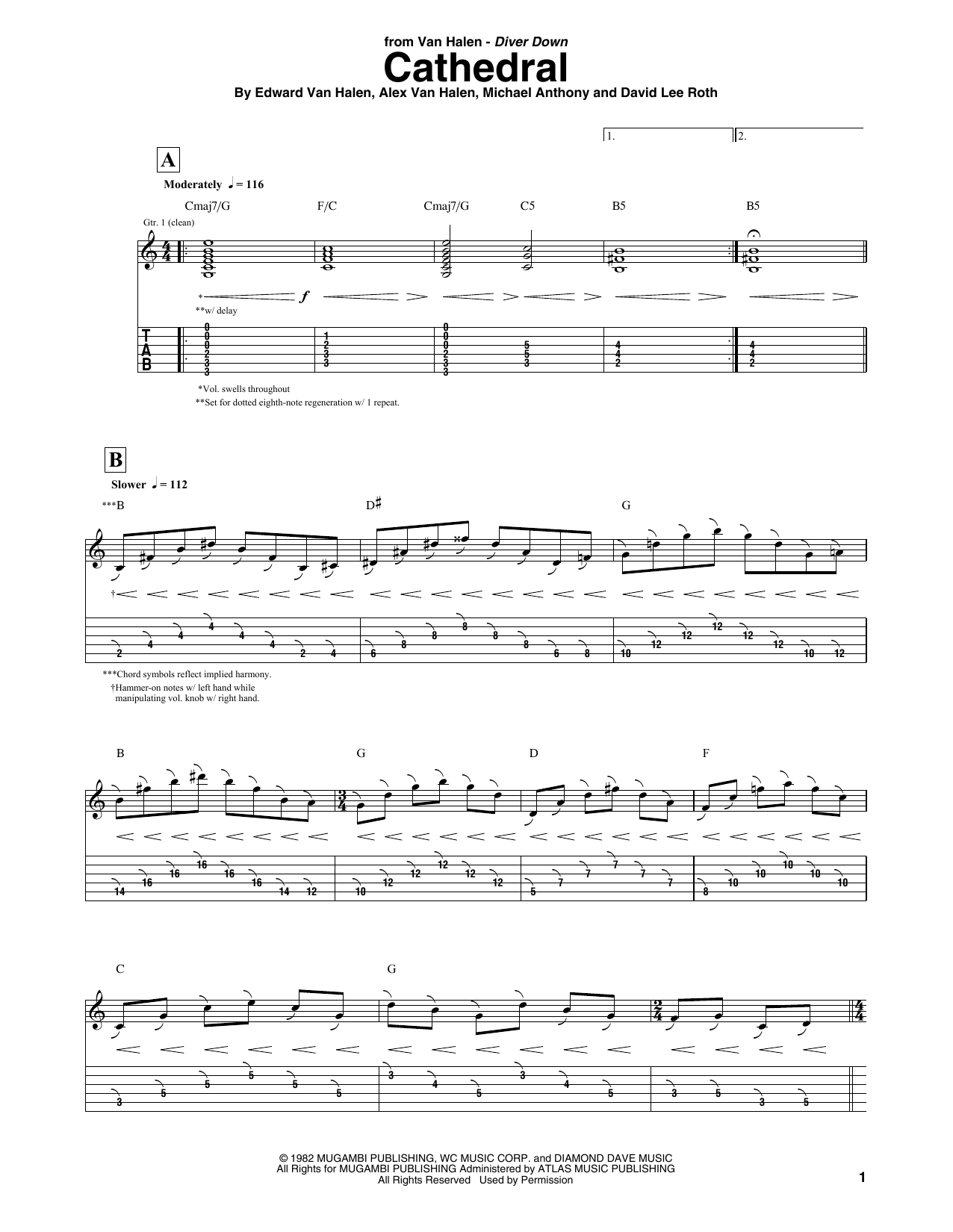 Van Halen Cathedral sheet music notes and chords arranged for Guitar Tab