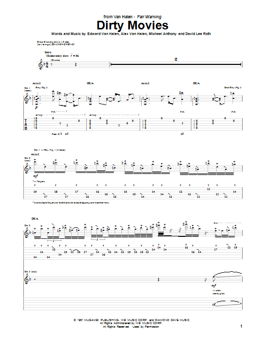 Van Halen Dirty Movies sheet music notes and chords arranged for Guitar Tab