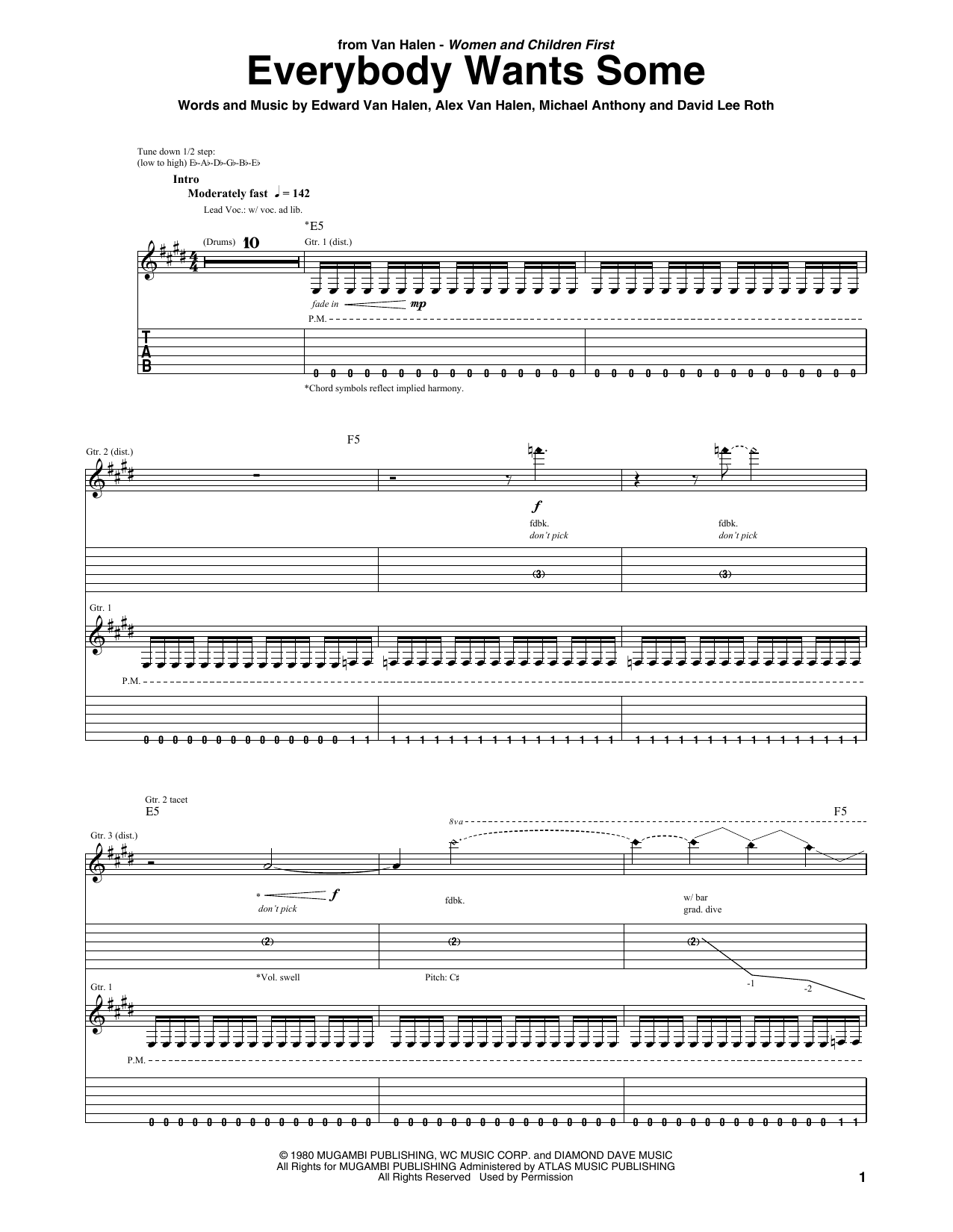 Van Halen Everybody Wants Some sheet music notes and chords arranged for Guitar Tab