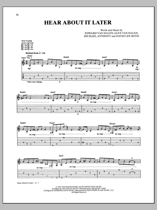 Van Halen Hear About It Later sheet music notes and chords arranged for Guitar Tab