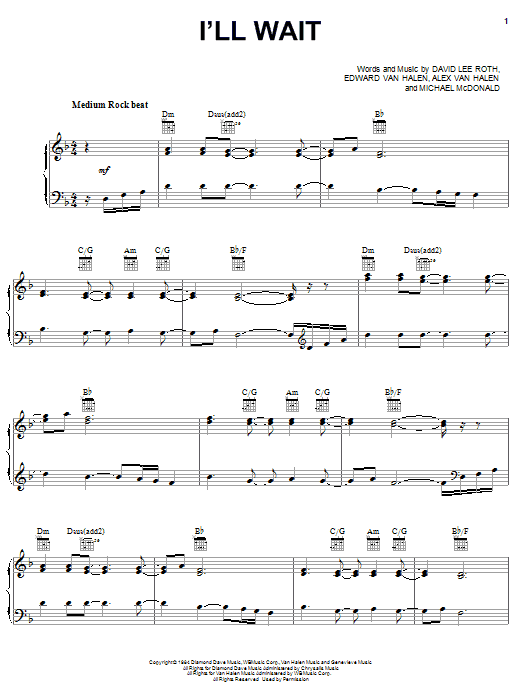Van Halen I'll Wait sheet music notes and chords arranged for Piano, Vocal & Guitar Chords (Right-Hand Melody)