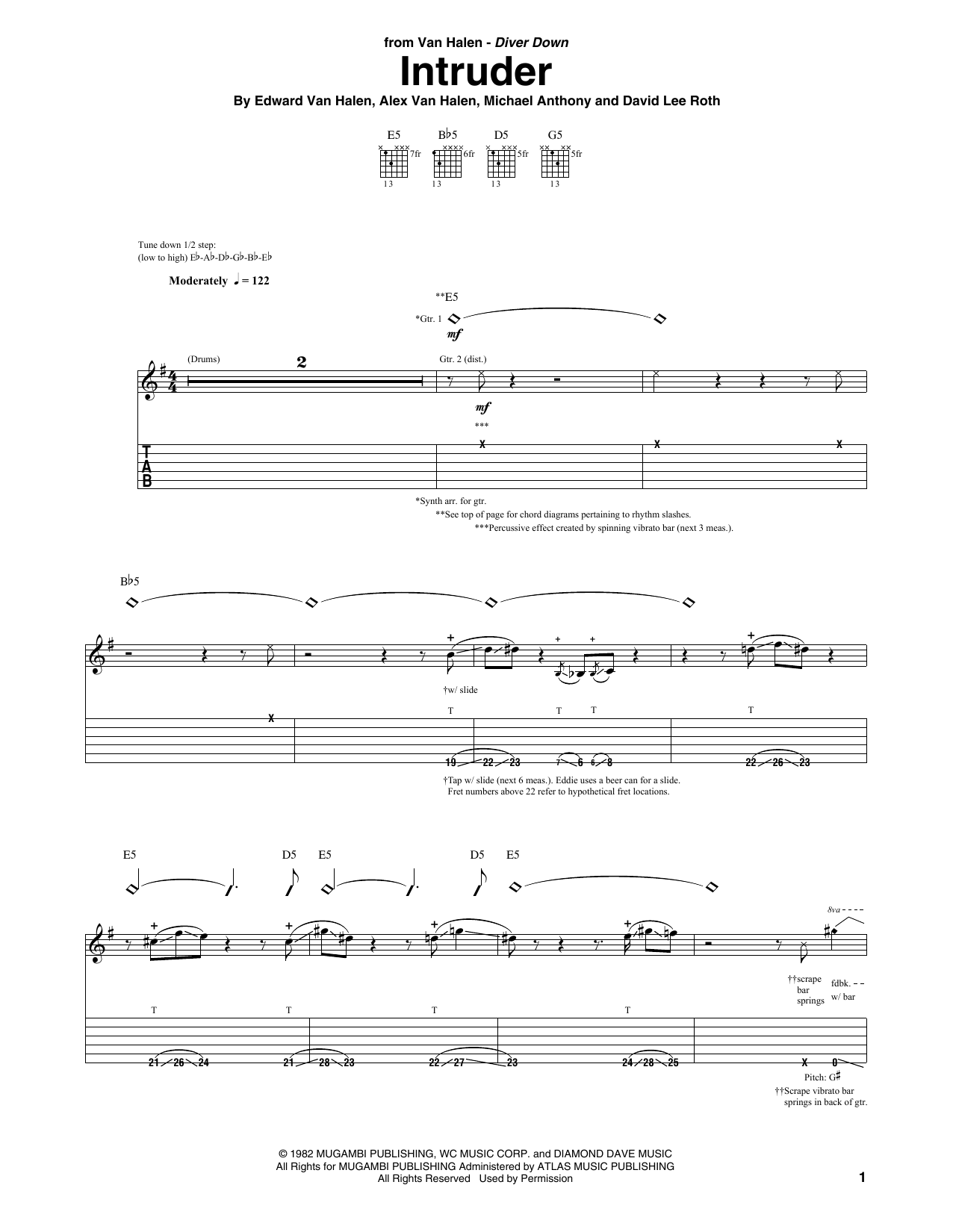 Van Halen Intruder sheet music notes and chords arranged for Guitar Tab