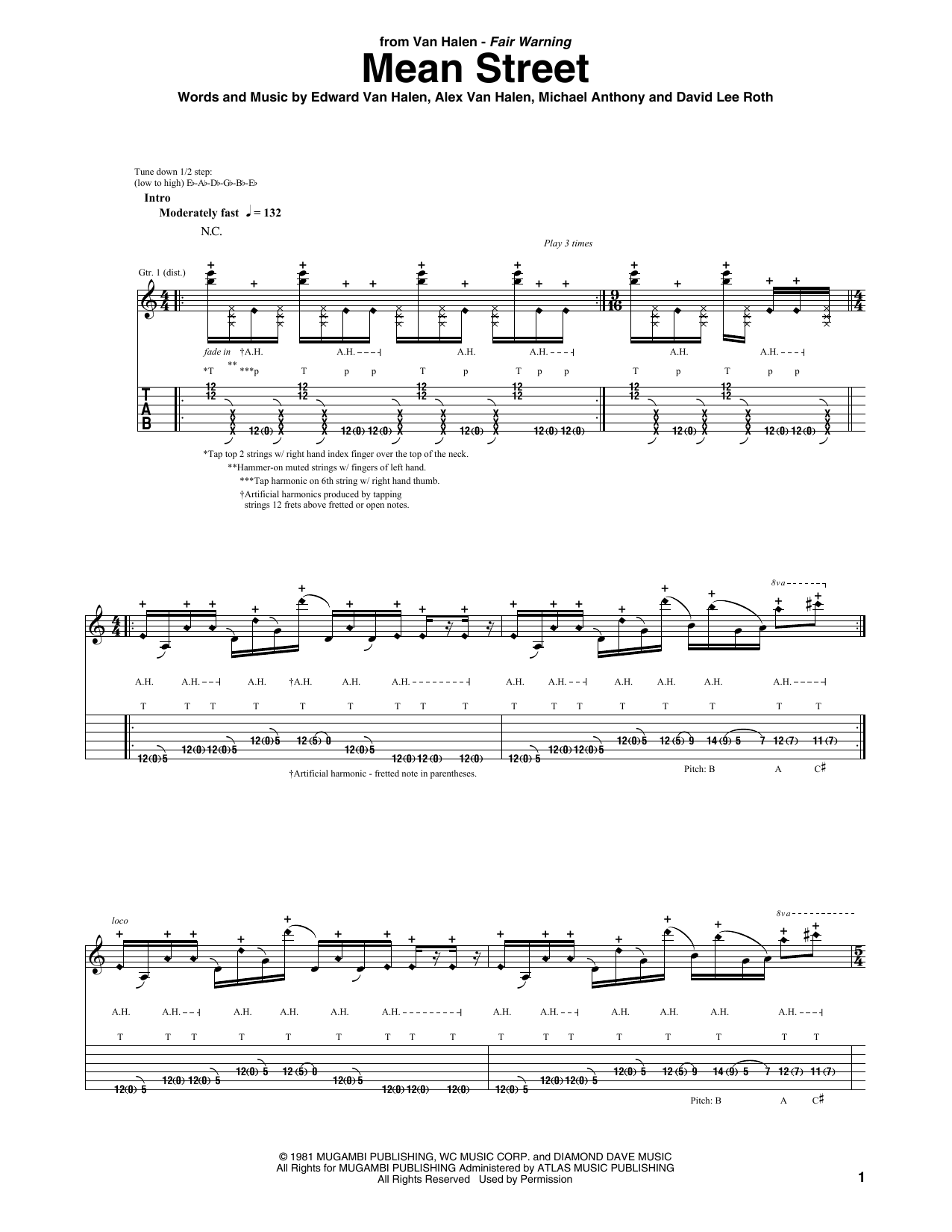 Van Halen Mean Street sheet music notes and chords arranged for Guitar Tab (Single Guitar)