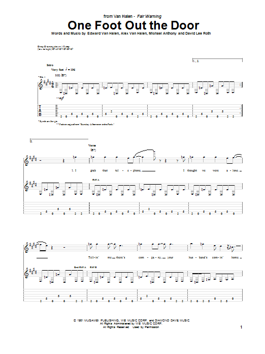 Van Halen One Foot Out The Door sheet music notes and chords arranged for Guitar Tab