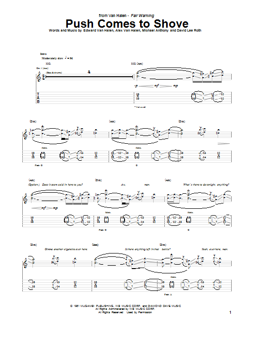Van Halen Push Comes To Shove sheet music notes and chords arranged for Guitar Tab