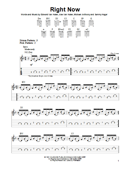 Van Halen Right Now sheet music notes and chords arranged for Piano, Vocal & Guitar Chords (Right-Hand Melody)