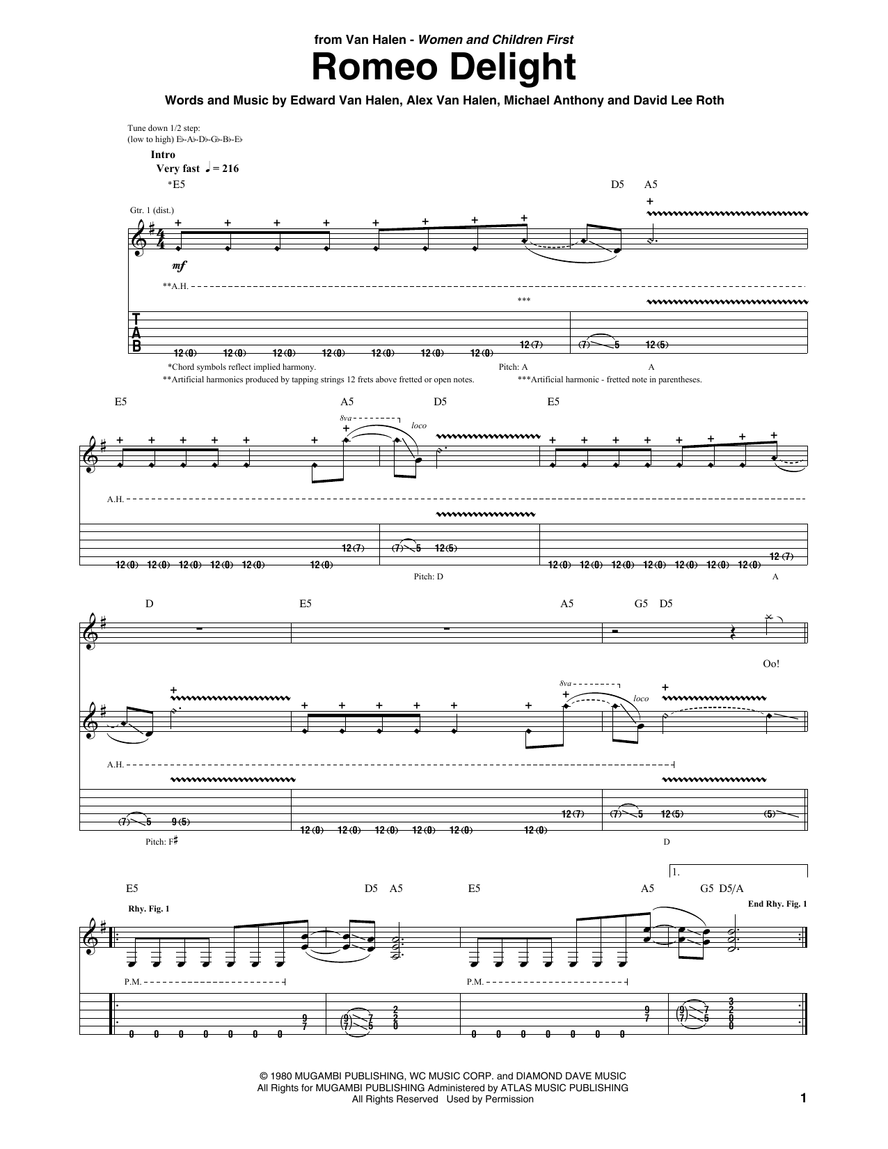 Van Halen Romeo Delight sheet music notes and chords arranged for Guitar Tab