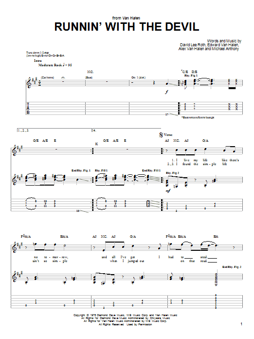 Van Halen Runnin' With The Devil sheet music notes and chords arranged for Guitar Chords/Lyrics