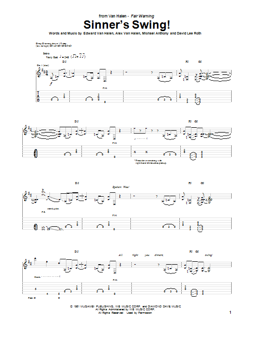 Van Halen Sinner's Swing! sheet music notes and chords arranged for Guitar Tab