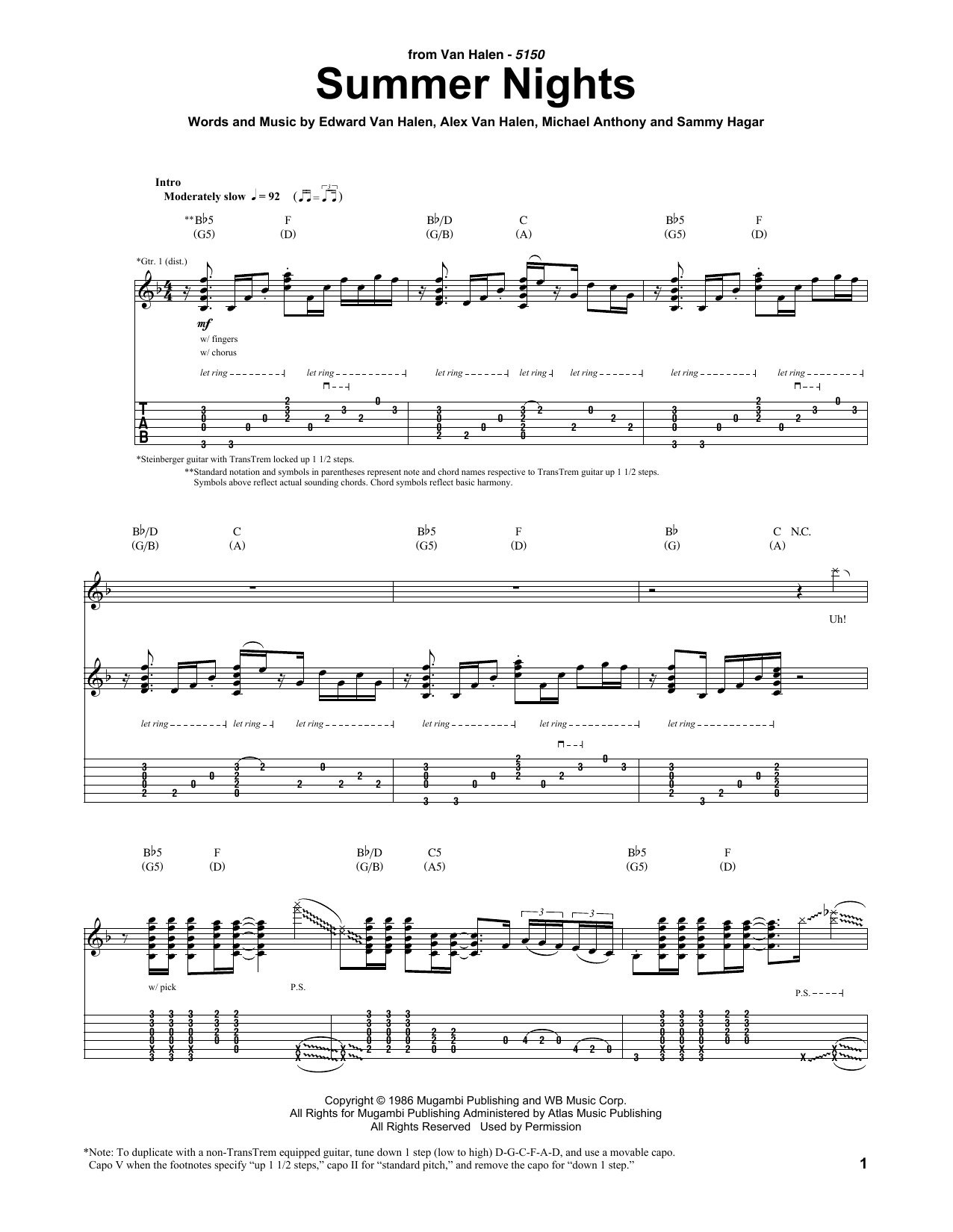 Van Halen Summer Nights sheet music notes and chords arranged for Guitar Tab