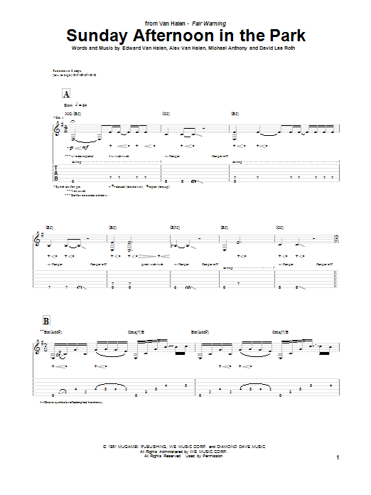 Van Halen Sunday Afternoon In The Park sheet music notes and chords arranged for Guitar Tab