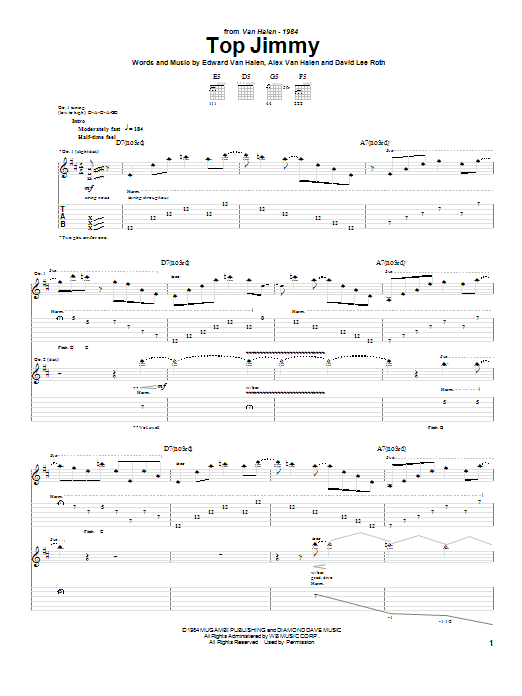 Van Halen Top Jimmy sheet music notes and chords arranged for Guitar Tab