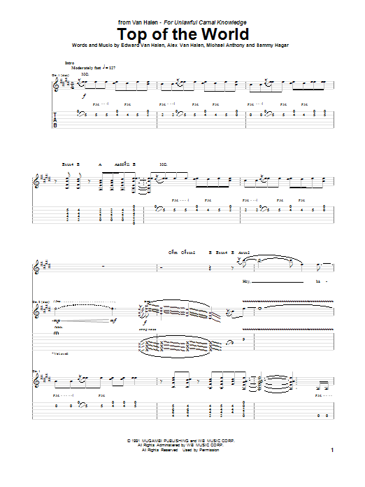 Van Halen Top Of The World sheet music notes and chords arranged for Guitar Tab (Single Guitar)