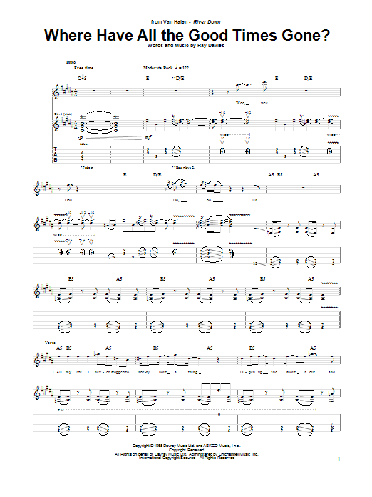 Van Halen Where Have All The Good Times Gone? sheet music notes and chords arranged for Guitar Tab