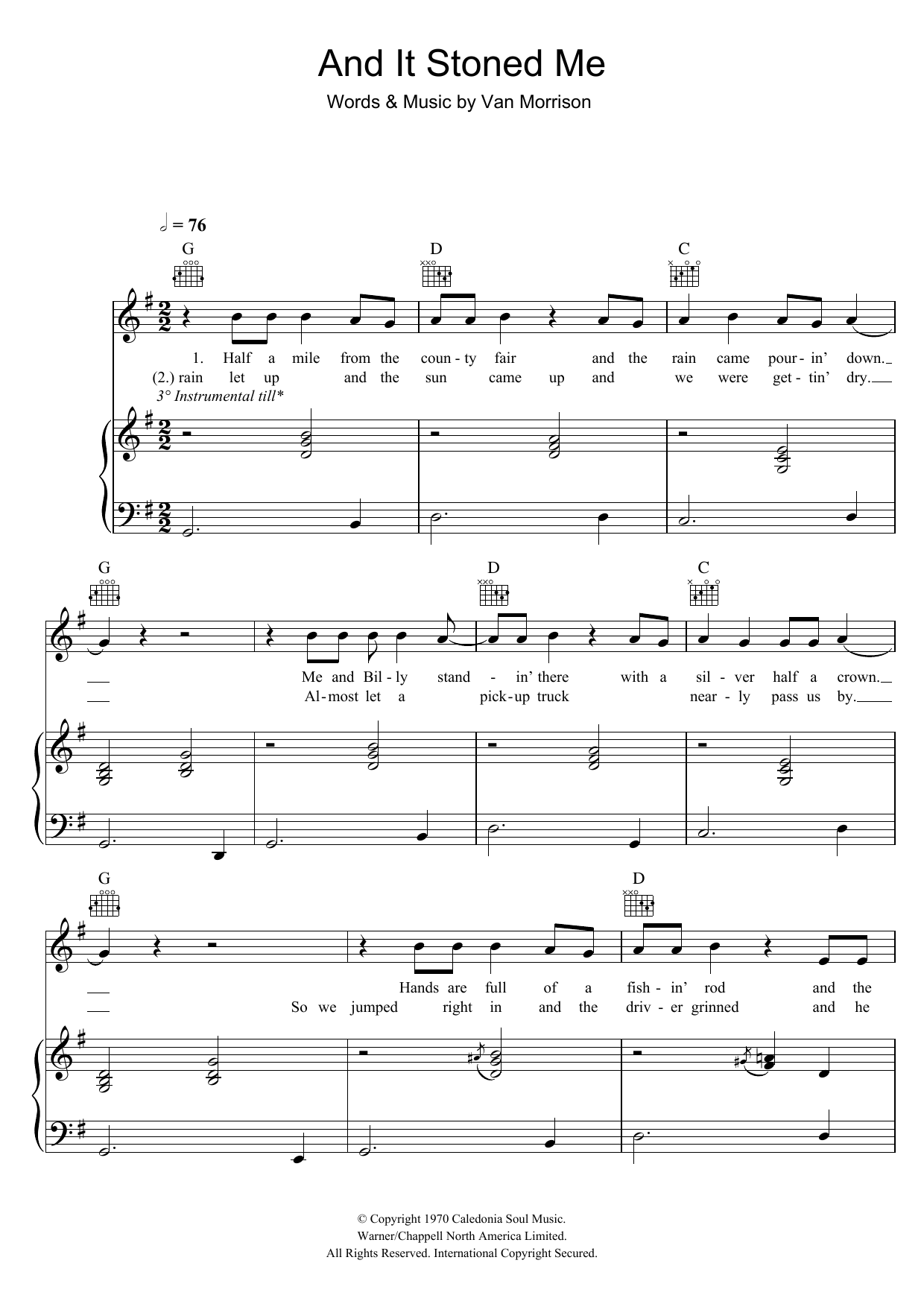 Van Morrison And It Stoned Me sheet music notes and chords arranged for Piano, Vocal & Guitar Chords