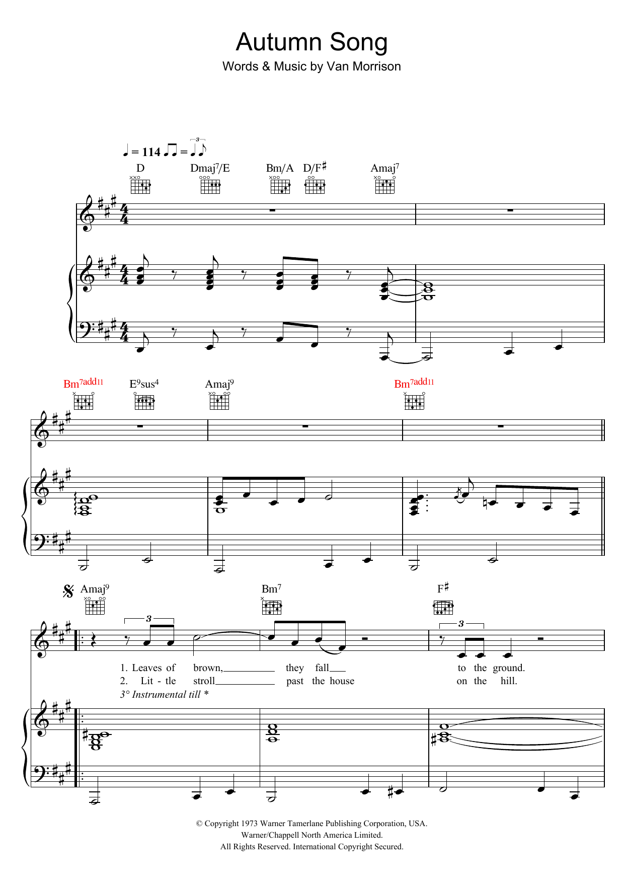 Van Morrison Autumn Song sheet music notes and chords arranged for Piano, Vocal & Guitar Chords