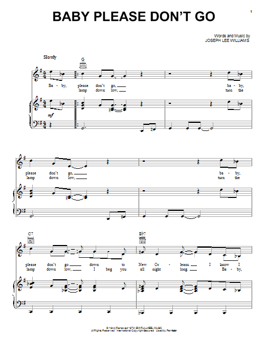 Van Morrison Baby Please Don't Go sheet music notes and chords arranged for Piano, Vocal & Guitar Chords (Right-Hand Melody)