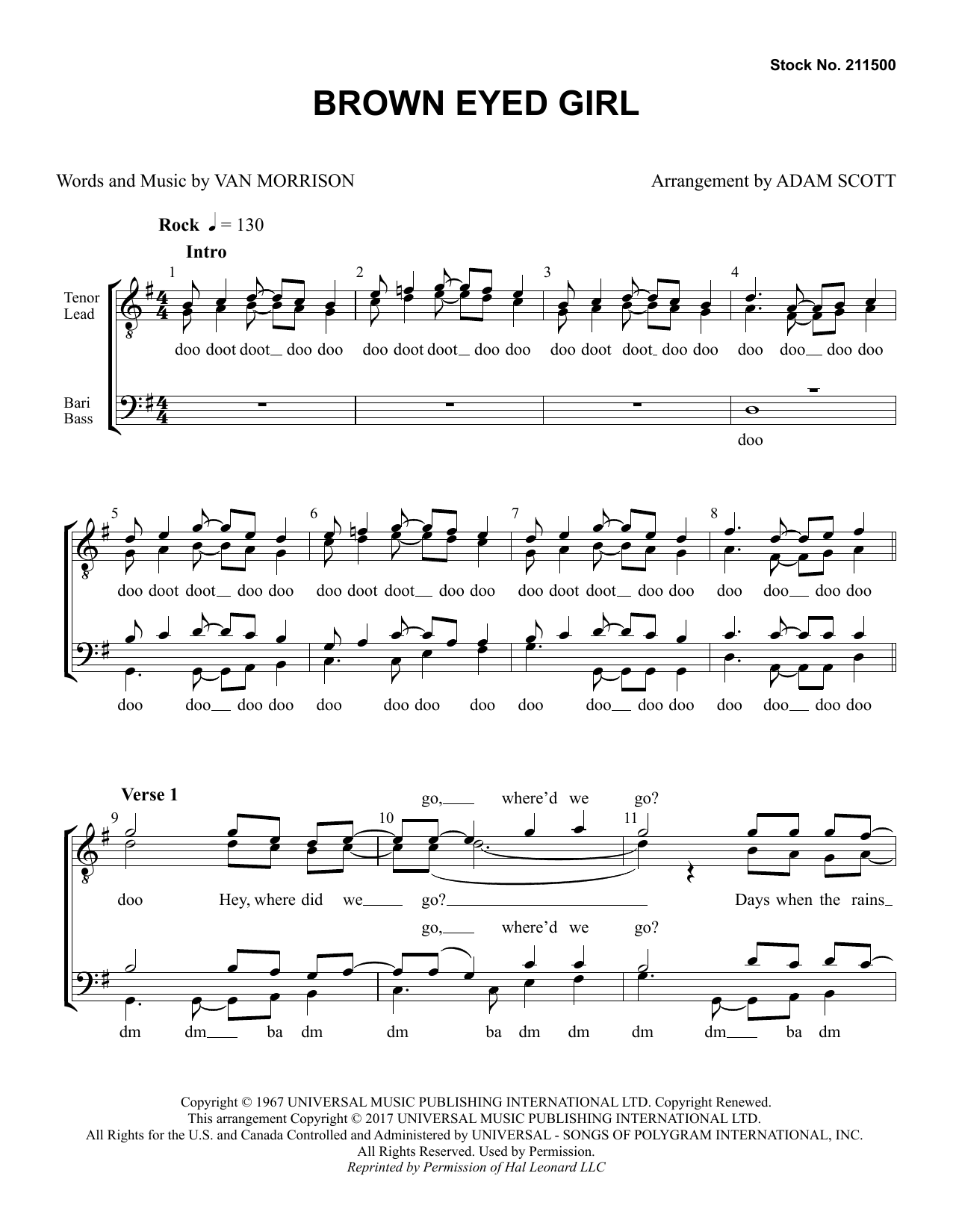 Van Morrison Brown Eyed Girl (arr. Adam Scott) sheet music notes and chords arranged for TTBB Choir