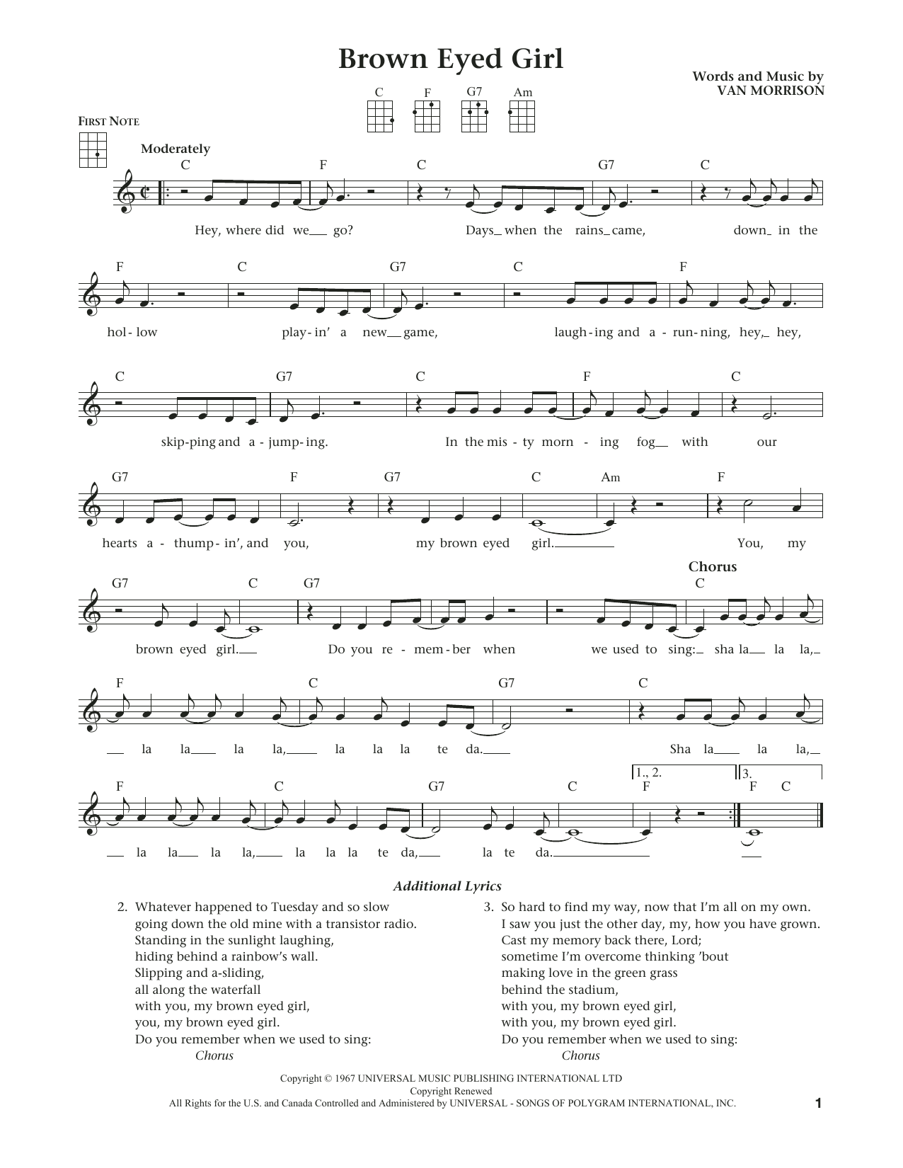 Van Morrison Brown Eyed Girl (from The Daily Ukulele) (arr. Liz and Jim Beloff) sheet music notes and chords arranged for Ukulele