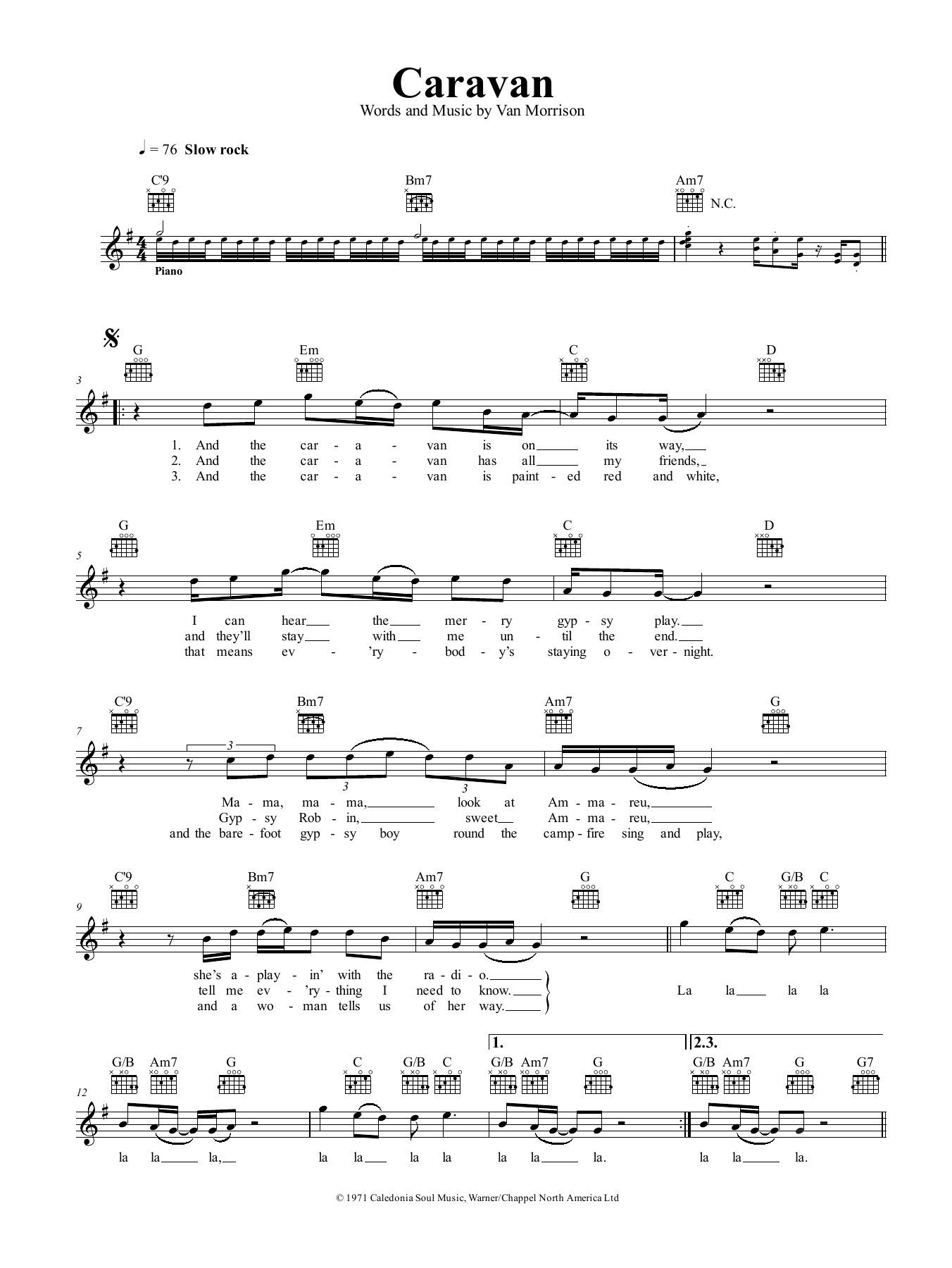 Van Morrison Caravan sheet music notes and chords arranged for Lead Sheet / Fake Book