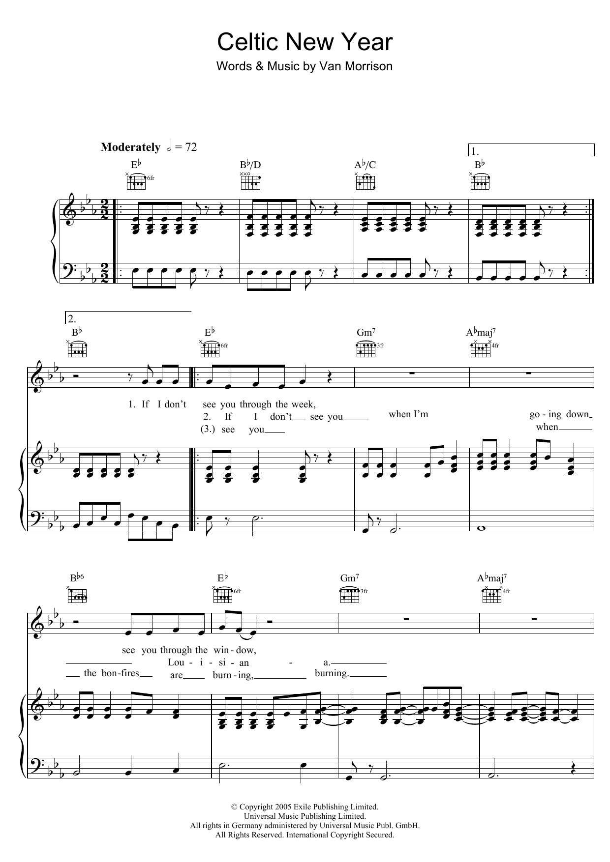 Van Morrison Celtic New Year sheet music notes and chords arranged for Piano, Vocal & Guitar Chords