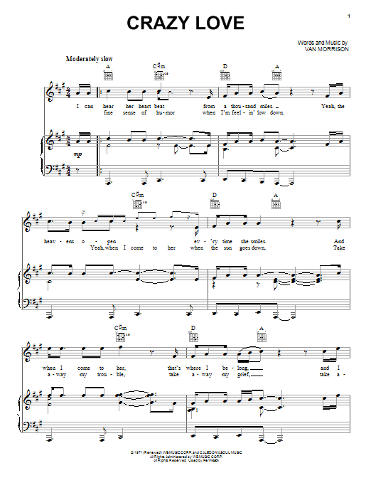 Van Morrison Crazy Love sheet music notes and chords arranged for Piano, Vocal & Guitar Chords (Right-Hand Melody)