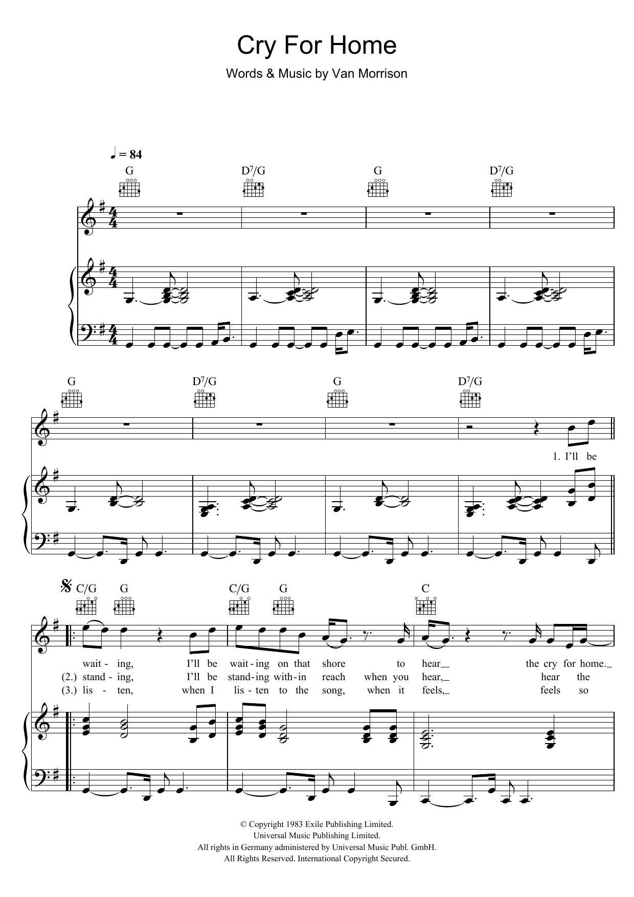 Van Morrison Cry For Home sheet music notes and chords arranged for Piano, Vocal & Guitar Chords