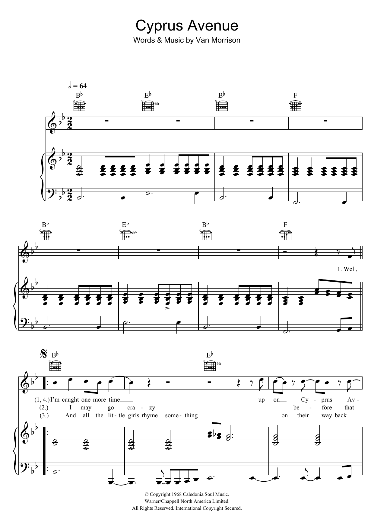 Van Morrison Cyprus Avenue sheet music notes and chords arranged for Piano, Vocal & Guitar Chords