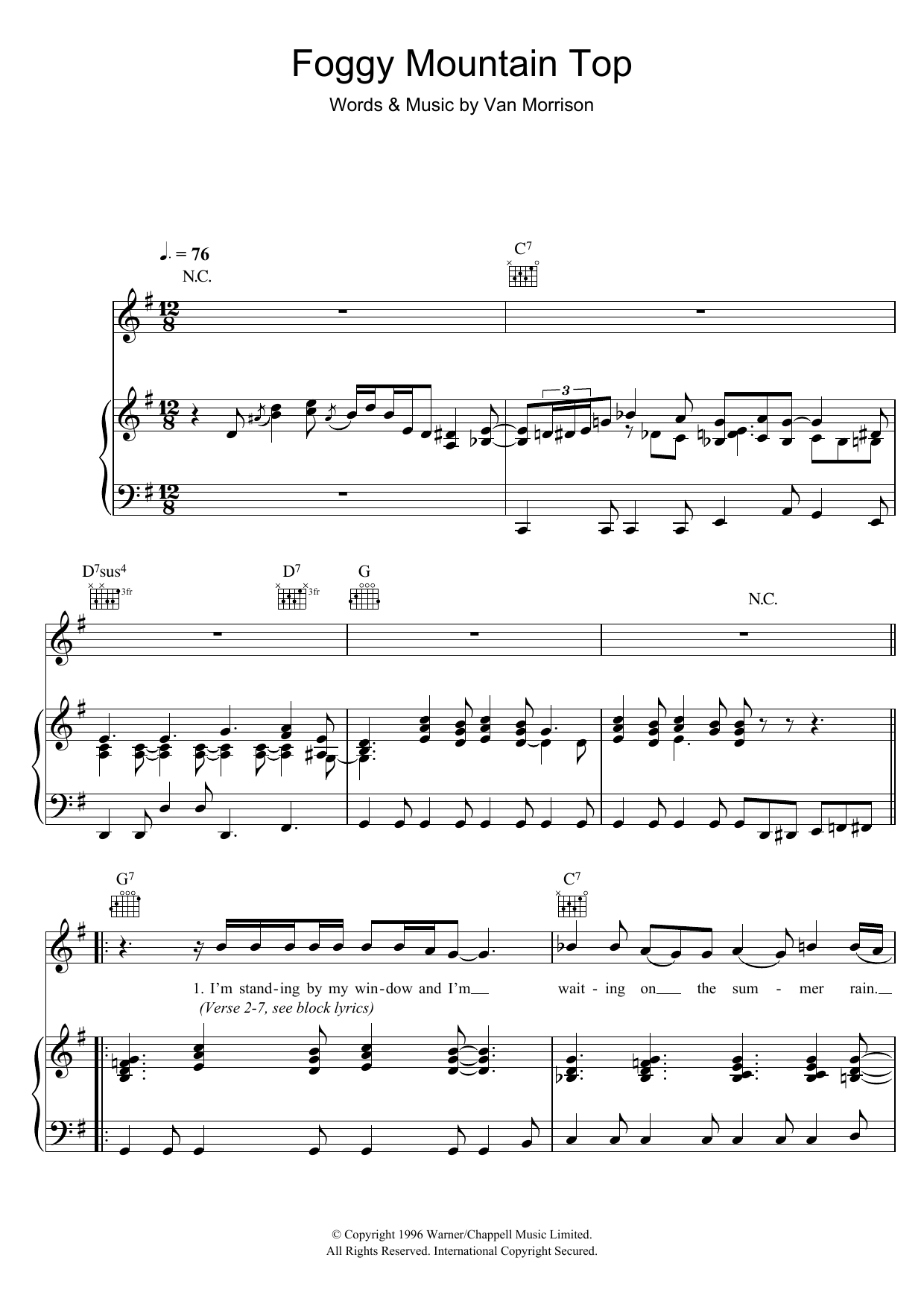 Van Morrison Foggy Mountain Top sheet music notes and chords arranged for Piano, Vocal & Guitar Chords