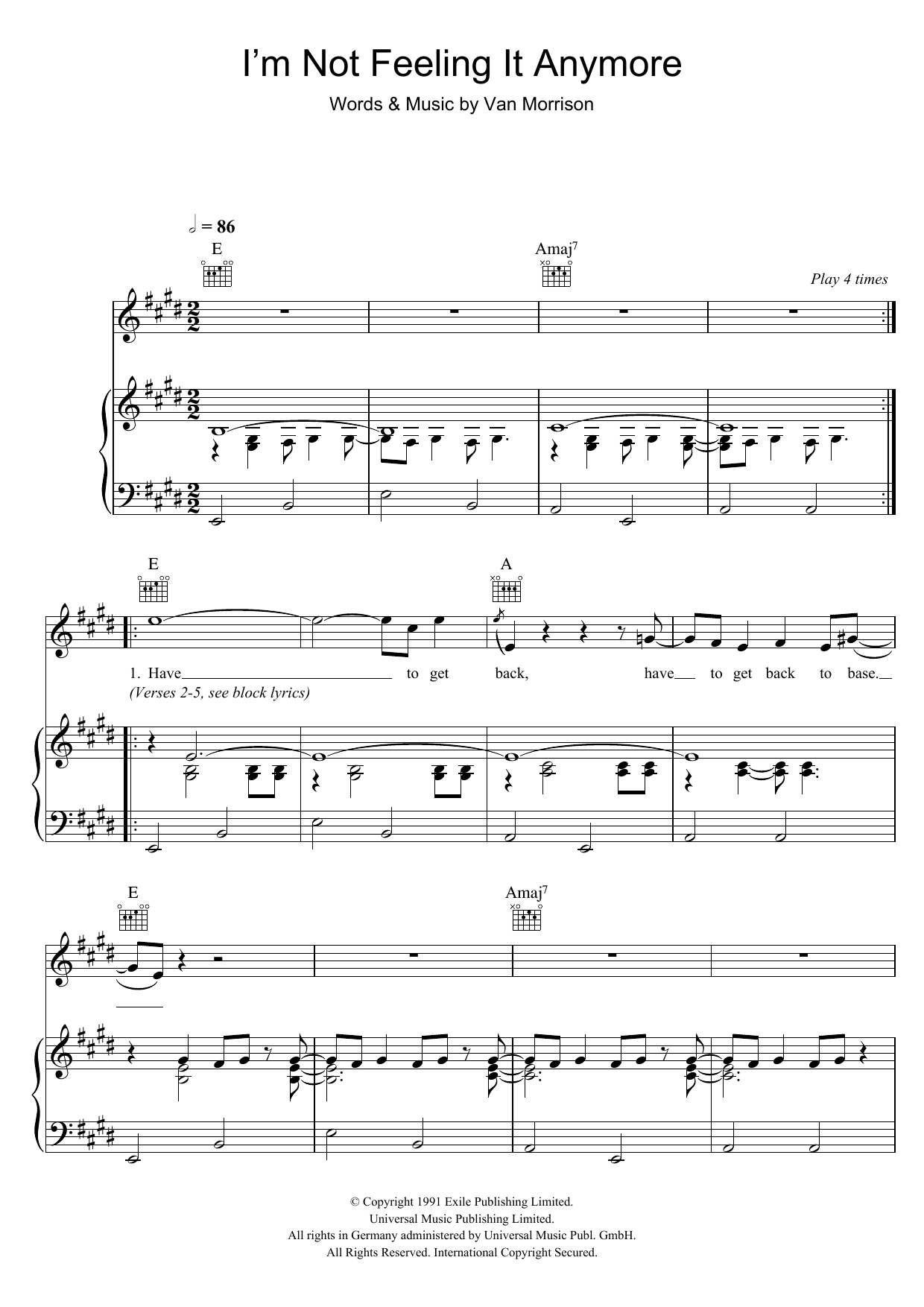 Van Morrison I'm Not Feeling It Anymore sheet music notes and chords arranged for Piano, Vocal & Guitar Chords