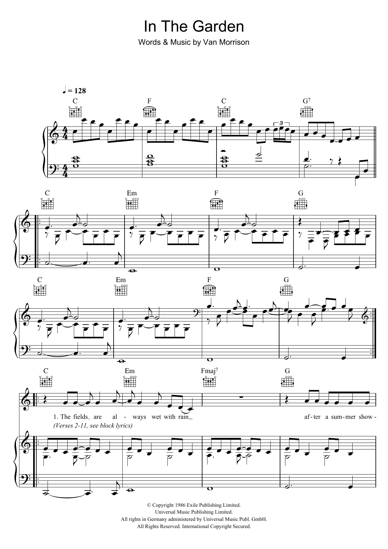 Van Morrison In The Garden sheet music notes and chords arranged for Piano, Vocal & Guitar Chords