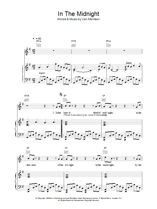 Van Morrison In The Midnight sheet music notes and chords arranged for Piano, Vocal & Guitar Chords