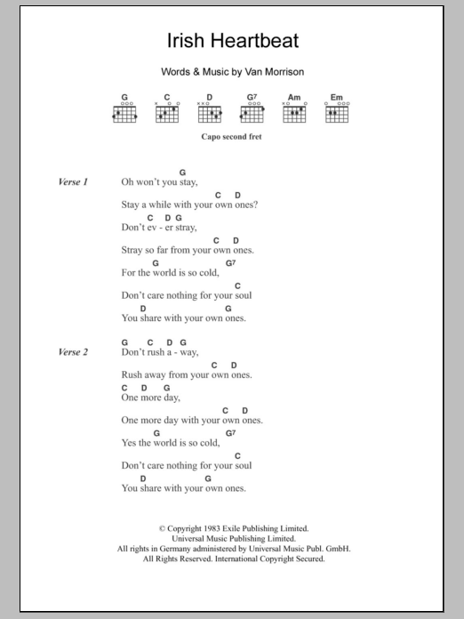 Van Morrison Irish Heartbeat sheet music notes and chords arranged for Guitar Chords/Lyrics